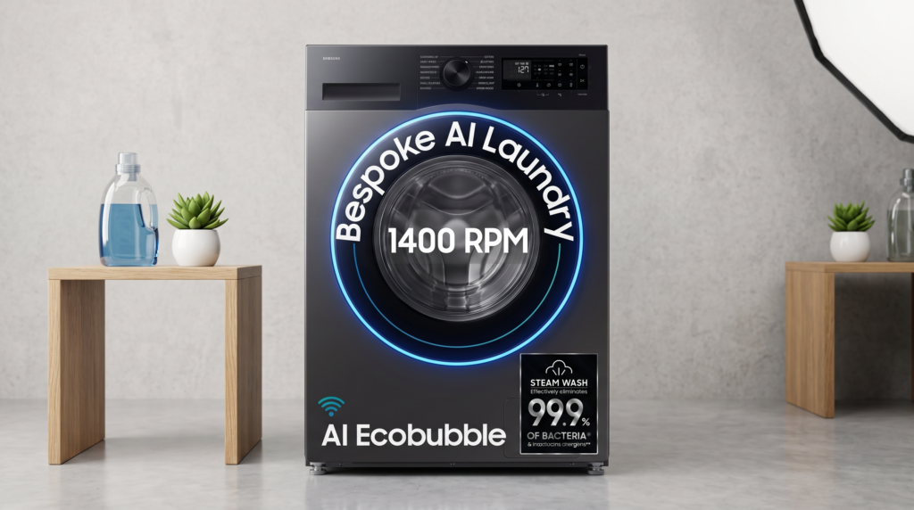Samsung 9 kg AI EcoBubble 5 Star fully automatic front load washing machine in dark stainless steel finish