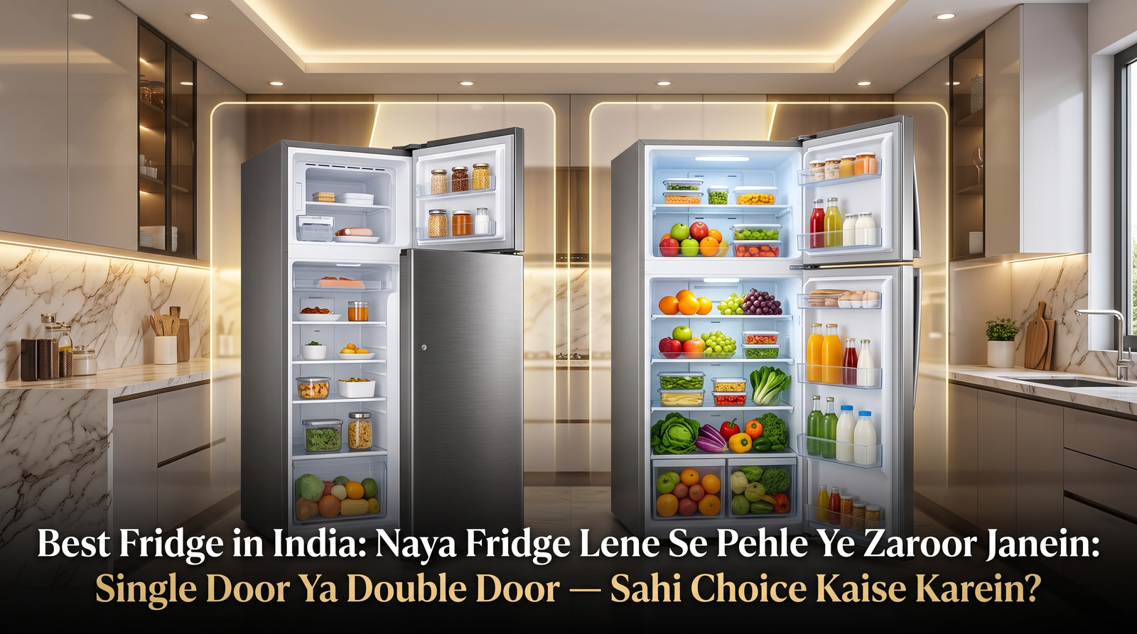 Single door vs double door fridge (refrigerator) comparison in a modern modular kitchen with buying guide title overlay