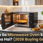 Best microwave oven in India buying guide featuring a modern convection microwave with baked pizza and grilled food on a marble kitchen counter