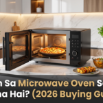 Best microwave oven in India buying guide featuring a modern convection microwave with baked pizza and grilled food on a marble kitchen counter