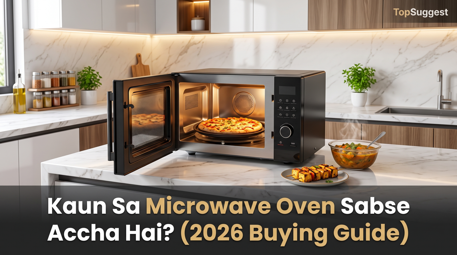 Best microwave oven in India buying guide featuring a modern convection microwave with baked pizza and grilled food on a marble kitchen counter
