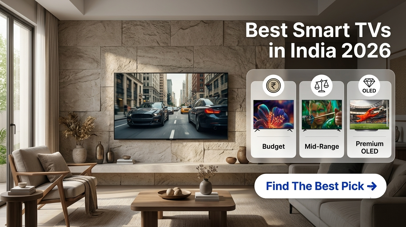 Best Smart TV in India 2026 buying guide showcasing budget 43 inch 4k, mid range 55 inch QLED, and premium 65 inch OLED models