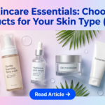 Skincare essentials flat lay including face wash serum moisturizer and sunscreen with brand colored CTA button