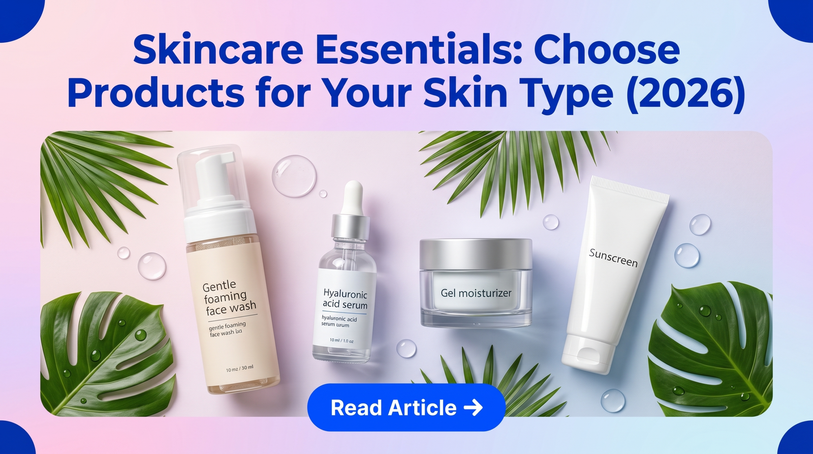 Skincare essentials flat lay including face wash serum moisturizer and sunscreen with brand colored CTA button